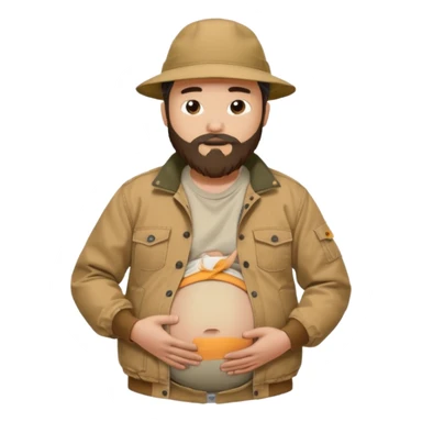 Bearded man rubbing pregnant belly poking out of shirt wearing a tan canvas carhartt jacket with  chinese hat on sticker