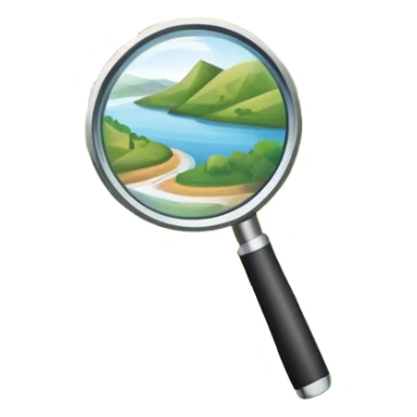 An icon featuring a magnifying glass over a local map, with a small village, traditional house, and natural landmarks like a river and hill, symbolizing local history and geography. Transparent background highlights the study of native land, culture, and heritage. sticker