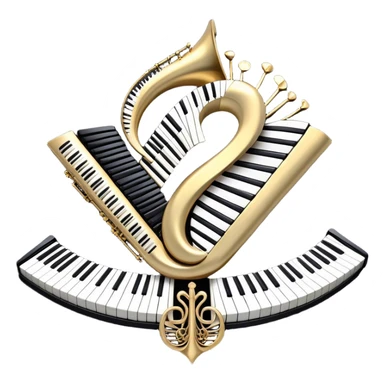 Create an elegant and festive emoji collage representing keyboard instruments, styled like a heraldic emblem. The design should feature a central focal point of black and white piano keys, arranged in a semi-circular or shield-like shape. Around the piano keys, add intertwining musical notes that form flowing ribbons, creating a dynamic and celebratory atmosphere. The design should be professional, with polished silver and gold accents on the keys and notes, highlighting the luxury and sophistication of the instruments. Add subtle shading and lighting effects to give the design a refined, 3D appearance. The background should remain transparent, and the overall feel should evoke grandeur, artistry, and a sense of celebration. sticker