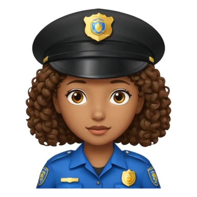 a cartoon-style avatar of a girl police officer with curly brown hair, wearing a black cap sticker
