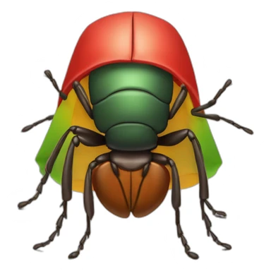 full view of a light brown bedbug with a red headband, shoulder-length black hair down to the ears. It is dressed in a red poncho (with red, yellow and green vertical lines) sticker