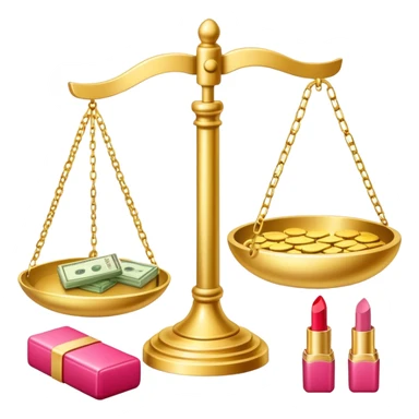 gold scale with dollars on one side and beauty products like lipstick, perfume, makeup on the other sticker