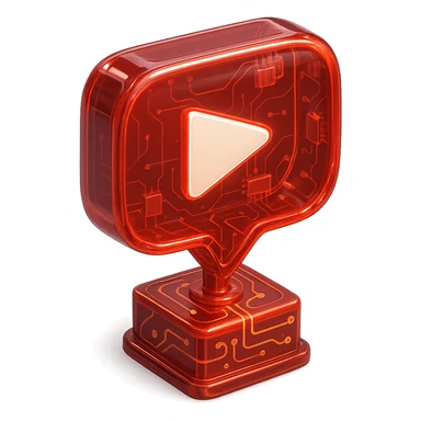 red speech bubble with a YouTube play button, trophy base, glossy circuit style sticker