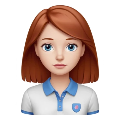 Create emojis of a girl with light brown / dark red hair slightly wavy below the shoulder. Her eyes are gray-blue, her nose is small and straight, and her lips are pink and small. Eyes with long eyelashes. The polo shirt is white. The emoji itself is up to chest level. sticker
