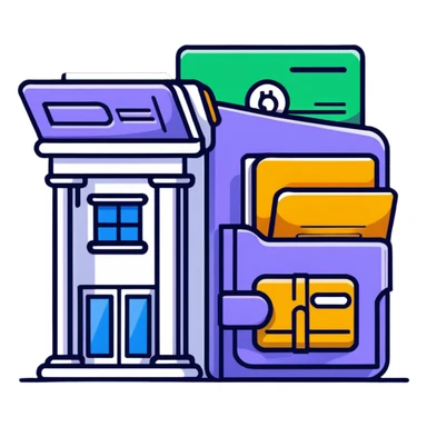 Closed folder icon with small symbols floating around: bank building, credit card, calculator, and document – organized financial archive sticker