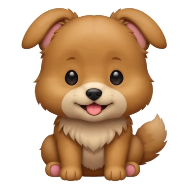 Cute small brown fluffy dog emoji icon. Round face, short muzzle, light brown fur with slightly darker ears, small black nose, happy smiling expression with tongue out. Soft friendly eyes, sitting pose with front paws together. Simple clean vector style, minimal details, kawaii style. sticker