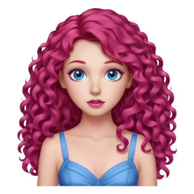 Chappell Roan long red curly hair, blue eyes, pink eyeshadow and lip, pink dress sticker