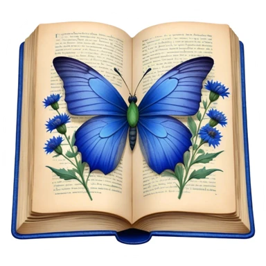 A vintage book with a worn blue cover, open to reveal pressed blue cornflowers and a resting green butterfly. sticker