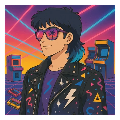 80s retro-futurism male portrait with mullet haircut with neon blue tips, airbrushed sunglasses with pink-purple gradient and palm/sunset reflection, leather jacket with lightning, cosmic, and Memphis Design patterns, neon gradient background with perspective grid, laser beams, cassettes, arcade games, Commodore 64, MTV-era palette sticker