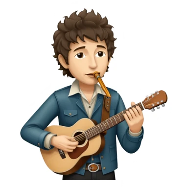 Icon for Folk Music: Bob Dylan with his harmonica and acoustic guitar, performing with his band on stage. The atmosphere should be intimate and nostalgic, capturing the soul of folk music with simple instruments and natural vibes. Transparent background. sticker