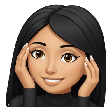 beautiful woman boss, with long straight black hair, with make up, black eye liner, smile, mexican, brown skin, wearing beautiful sexy black outfit, she’s posing her head in her hands shés shy sticker