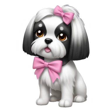Shitzu girl dog with black and white hair, with a medium length ponytail and a pink bow to tie her hair sticker