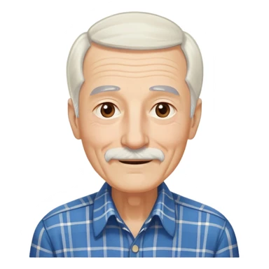 Elderly thin man with light skin. Elongated face with kind smile. Long straight white hair reaching down to chest, with some bangs. Light brown eyes. Thin eyebrows. White goatee and mustache. Very slim build. Wearing a blue and beige plaid shirt. sticker
