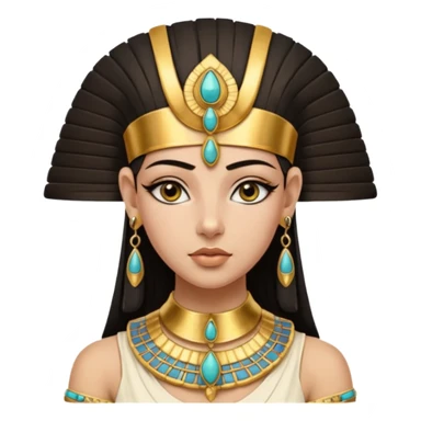 An emoji portrait of a young ancient Egyptian princess. She wears a broad gold collar necklace and a detailed nemes headdress. Her expression is serene and poised. sticker