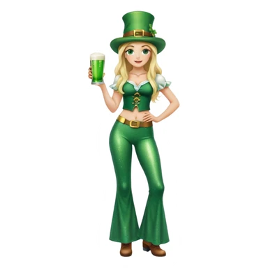 Blonde haired pretty woman with freckles glittery green bell bottoms and tall leprechaun hat holding a green beer sticker