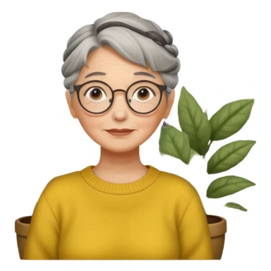 Abuela con cabello canoso en moño, expresión tierna, gafas redondas, suéter amarillo y detalles relacionados con plantas. Estilo amable y acogedor. sticker