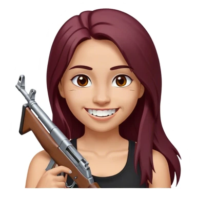 emoji of girl with an ak47 in hand with a black tank top bigger breast, smiling with teeth with maroon dark long hair in a middle part with straight nose hazel eyes medium perfect eye brows with  a nose ring silver on the right nostril  sticker