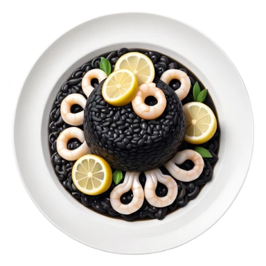 cinematic-realistic-black-risotto-dish,-showcasing-small squid pieces-rendered-with-bold-textures-and-dynamic,-dramatic-lighting in a white plate with a grilled lemon on top sticker