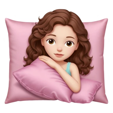 Sleeping beauty pale-skinned girl with brown wavy hair, resting peacefully on a soft pink silk pillow on her side, wearing pastel pink sticker