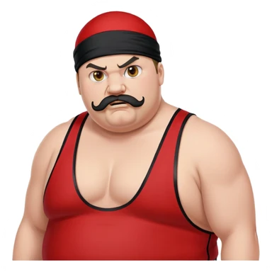 Extreme close-up of face of morbidly obese white skin guy with young face, prominent BLACK DURAG tied clearly on head, distinct black beard and mustache, black eyes in a red and black wrestling singlet with angry expression sticker