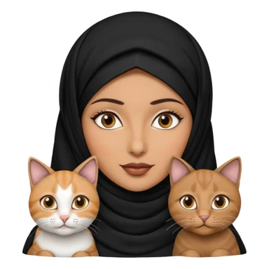 A Arabic woman human with brown eyes and black hijab. , the human is a human no cat ears, two cats, the both cats have the colour black and white in the same colour, not orange cat,  NO CAT EARS ON THE HUMAN ,  sticker