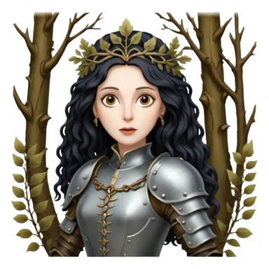 realistic cinematic actress Cher in baroque styling with dirty armor in a forest sticker