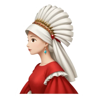 mujer de perfil con un vestido rojo de manga y falsas largas y voluptosas, y una toca blanca GRANDE que cubre su cara de perfil sticker