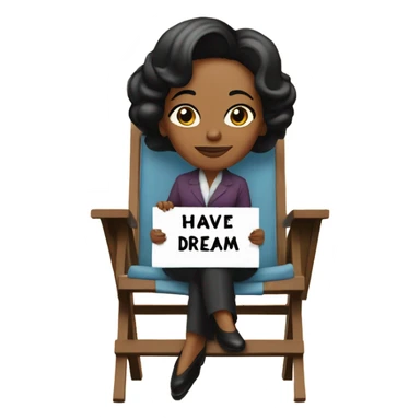 Coretta Scott sitting in a folding chair holding a sign that says I Have A Dream sticker