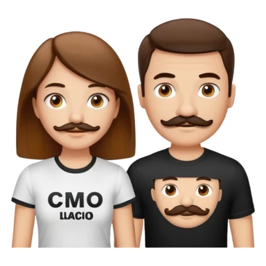 de una pareja , el chico rubio pelo razón ojos marrones con bigote y perilla y piel clara con una camiseta blanca y letras negra en la teta derecha , la chica pelo liso y marrón con un top blanco sticker