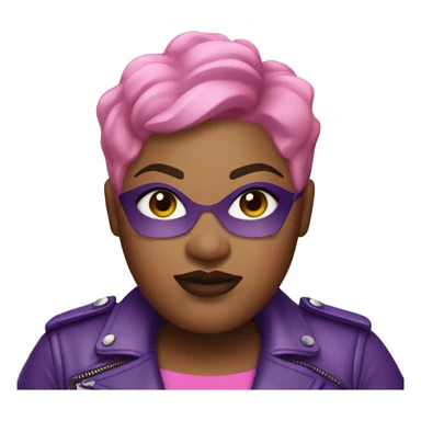 Plus size black woman with extremely short pink hair and a purple leather biker jacket with makeup on face. sticker