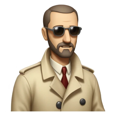 1930s investigator, a Caucasian man with short, buzz cut dark hair and a rough beard, wears tiny red-tinted sunglasses and a dirty beige trench lab coat. He has a serious demeanor. sticker