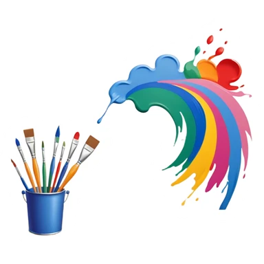 Create an icon that represents the hobby of wall painting without frame, featuring a wall with a beautiful painting in progress. The design should include a paintbrush, a roller, and part of the wall decorated with colorful patterns or a mural. The icon should show the process of creating the artwork, with the brush strokes visible on the wall, symbolizing the artistic nature of the craft. The composition should be balanced and harmonious, evoking creativity and skill. The background should be transparen sticker