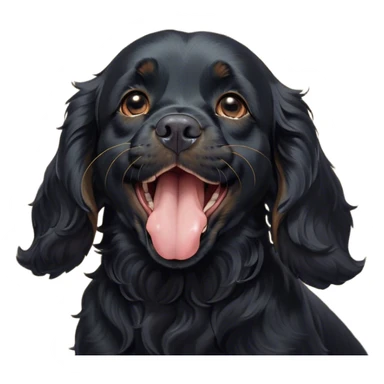 Cinematic Cute Yawning Black Cocker Spaniel Portrait Emoji, Head tilted slightly with a dramatic, wide-open yawn, showcasing a sleek black coat with subtle tan highlights, floppy ears slightly drooping, round dark eyes barely open in drowsy contentment, Simplified yet irresistibly adorable features, highly detailed, glowing with a soft, cozy glow, high shine, relaxed yet expressive, stylized with a touch of whimsy, bright and endearing, soft glowing outline, capturing the essence of a sleepy yet affectionate companion, so drowsy it feels like it could stretch out of the screen and curl up for a nap! sticker