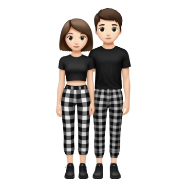 white girl with short brunette hair and eyelashes a little long with a black crop top and black and white plaque pants on top of a white boy with brunnete fluffy hair and long black shirt on and black and white plaque pants. sticker