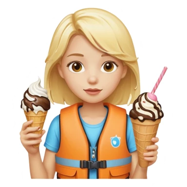 girl blonde kid wearing lifejacket, holding ice cream sticker