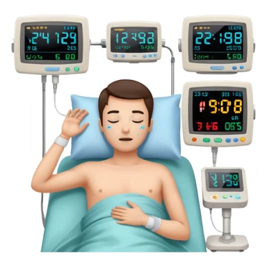 a PATIENT waking up before a surgery sleeping. And 1 monitor with vitals and numbers sticker