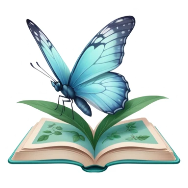 A pale blue butterfly hovering over an open green book with faded botanical illustrations. sticker