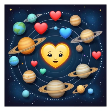 Solar system with heart-shaped planets orbiting a sun, colorful planets in the shape of hearts sticker