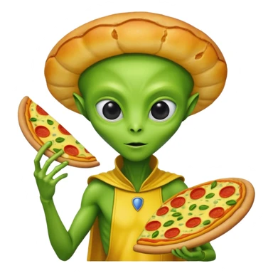 alien, wearing yellow ancient custome, with pizza sticker