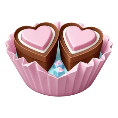 Two square milk chocolate pralines , sharp-edged glossy cubes placed diagonally side by side, each sitting in a small white fluted paper candy cup.
Flat thin pastel pink heart icing centered on top with fine sugar crystal sparkle, clean studio product lighting,  sticker