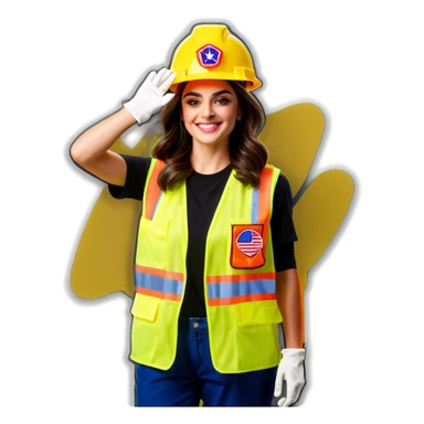  Charli D'Amelio is a construction worker wearing a patriotic dress with a neon yellow safety vest over the dress. she also has a hard hat and a patriotic patch on the vest sticker