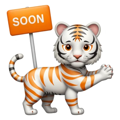 White Tiger. He is holding a sign with SOON - written on it. Let him have 4 paws, not more. sticker