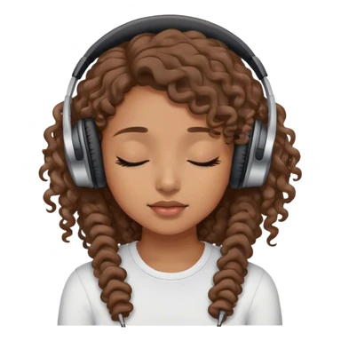Light brown skin girl, long curly brown flat hair, eyes closed, headphones on listing to music sticker