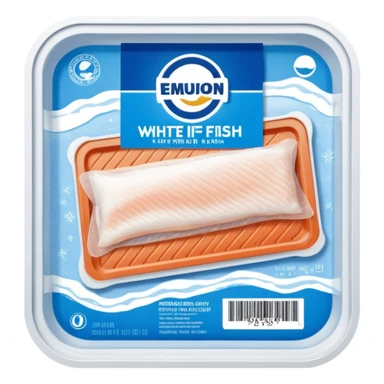 A vacuum-sealed plastic tray containing frozen white fish fillets, covered with thin layers of frost. The packaging has a clear window showing the fish, and a blue label with product details and a barcode. Realistic supermarket freezer setting with cold mist and LED lighting. sticker