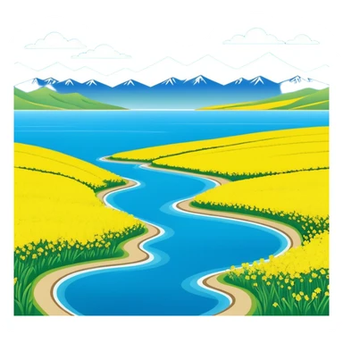 Qinghai Lake spring scenery with rapeseed flowers and blue water, simplified emoji style with bold outlines and bright colors, cartoon style vast lake with mountains sticker