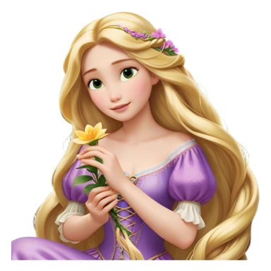 Cinematic Realistic Rapunzel Portrait, with porcelain-like skin featuring a subtle, natural glow, illuminated by soft lighting that brings out the gentle contours of her face. Her long, golden blonde hair cascades in detailed waves, each strand highlighted with a radiant shimmer as it catches the light. She playfully holds a flower in one hand, her other hand resting casually in her lap, with a warm and spirited expression. Her bright, expressive green eyes exude curiosity and warmth, framed by delicate lashes and soft, arched brows. She is dressed in her classic lavender and pink gown, the fabric textured with delicate folds that flow naturally, catching the light with a soft, radiant glow. The portrait captures a luminous, enchanting aura, seamlessly blending realism with a whimsical, fairytale charm, evoking a timeless sense of beauty and magic. sticker