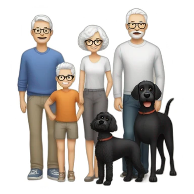 Family mother with glasses and short white hair, dad bolded with beard and moustaches, 3 boys with fair hair, 1 big black dog terrier, 1 dog soft weaten terrier, 1 dog small white poodle sticker
