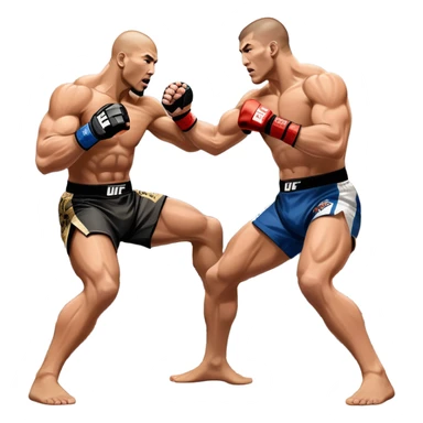Two MMA fighters in the octagon, one delivering a strong punch while the other defends with a guard. The background shows the UFC octagon with the crowd in the distance. Transparent background emphasizes the dynamic intensity and skill of mixed martial arts. sticker