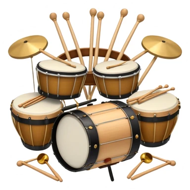 Create a professional, emblem-like emoji representing percussion instruments, including both traditional and folk drums. Feature a snare drum, bass drum, timpani, cymbals, marimba, tambourine, djembe, bongos, cajón, triangle, castanets, and ratchets in a balanced, heraldic composition. Crossed drumsticks at the center symbolize rhythm, while a ribbon of musical notes weaves around the instruments. Use rich gold, mahogany, and silver tones with polished highlights. Add laurel wreaths and subtle engravings for a grand, festive feel. The design should be harmonious, visually complete, and on a transparent background. sticker