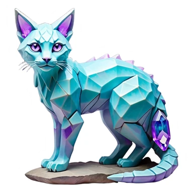 This fascinating hybrid creature combines the rocky ferocity of Boulderbite with the mystical elegance of Etherfeline. The result is a creature with a core body composed of angular, faceted stones in varying shades of turquoise, pink and gray. From the cracks between these stones emanates a soft blue ethereal glow. It has the general shape of a feline, but with crystalline rock formations creating its limbs and body. Its large, expressive eyes feature purple irises with amber outer rings, giving it a hypnotic gaze. The creature sports pointed ears lined with purple crystal formations, and a tuft of blue flame-like energy flows from its head and along its spine. Its tail is a flexible chain of smaller rocks wrapped in the same ethereal blue energy. When it opens its mouth, sharp crystalline teeth are revealed, though its expression is more mysterious than threatening. Small whisker-like energy tendrils extend from its muzzle, occasionally emitting tiny ice crystals. full body sticker